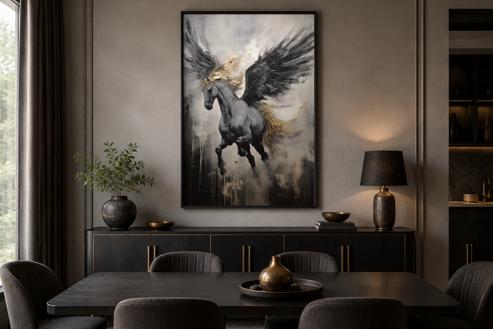 Large framed canvas wall art of a black Pegasus with gold accents in a modern dining room.