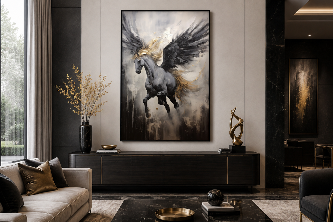 Black Pegasus framed canvas wall art featuring a winged horse in an abstract painting style.