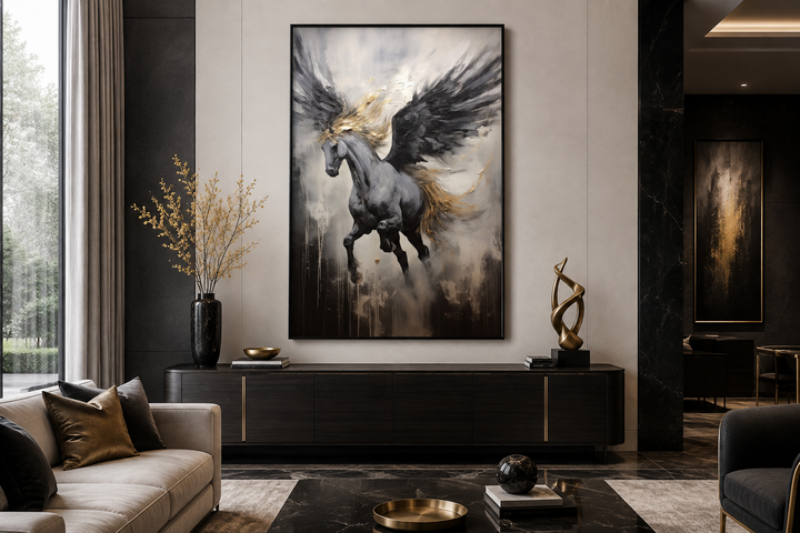 Black Pegasus framed canvas wall art featuring a winged horse in an abstract painting style.
