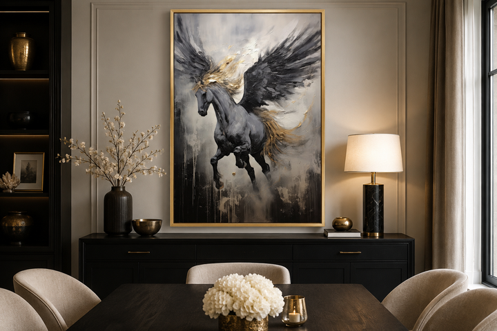 Black Pegasus framed canvas wall art featuring a winged horse in a dynamic abstract painting.