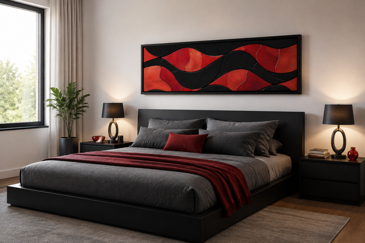 Black and red modern abstract horizontal framed canvas wall art hanging above a bed.