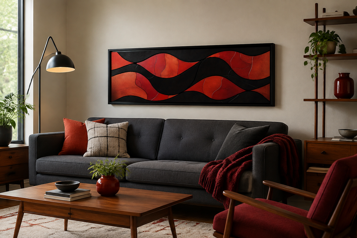 Horizontal framed canvas wall art with red and black abstract flowing curves above a dark grey sofa.