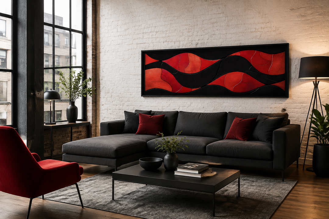 Modern horizontal framed canvas wall art with abstract red waves on a black background.