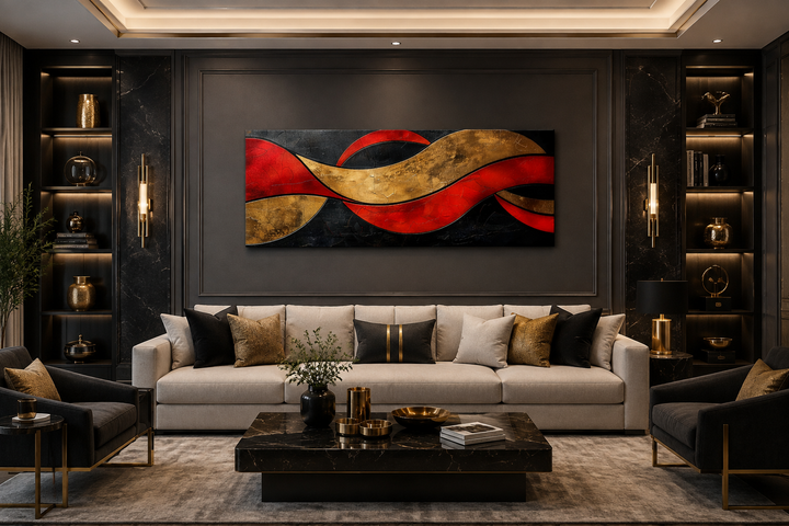 Modern horizontal wall art with black, red, and gold geometric waves above a cream sofa.