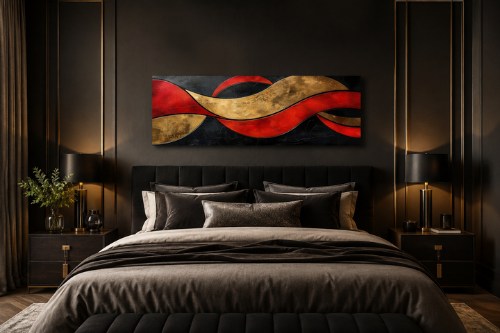 Horizontal abstract wall art with black, red, and gold waves hanging above a dark modern bed.