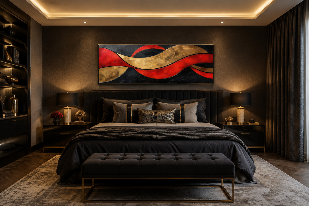 Horizontal black, red, and gold geometric abstract wall art hanging above a bed in a modern room.
