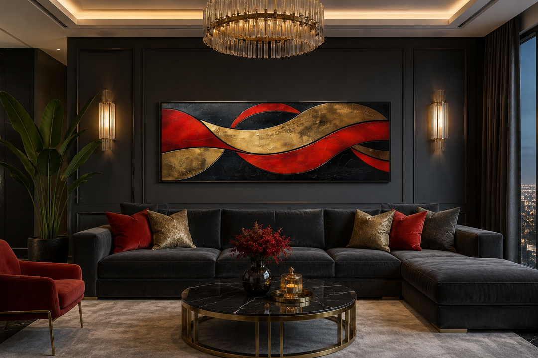 Horizontal black, red, and gold geometric abstract wall art above a dark grey sofa in a living room.