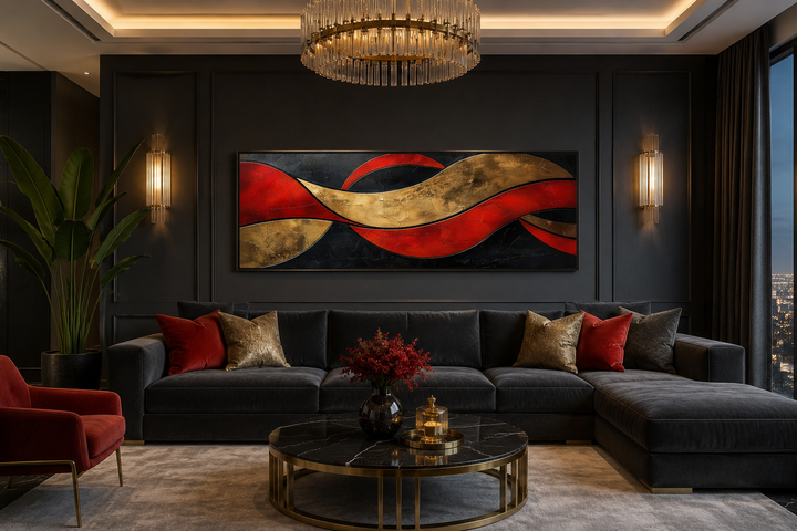 Horizontal black, red, and gold geometric abstract wall art above a dark grey sofa in a living room.