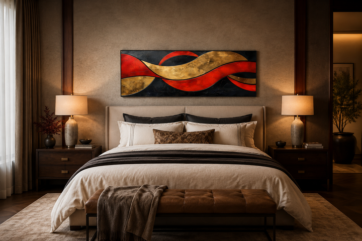 Horizontal abstract wall art with black, red, and gold geometric waves hanging above a bed.