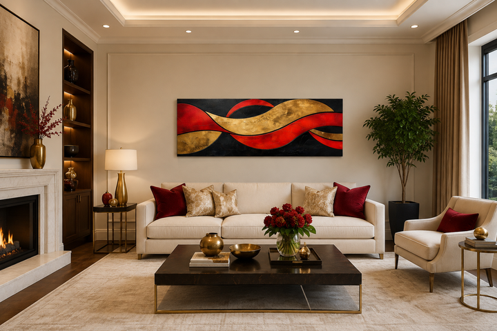 Black, red, and gold geometric modern horizontal wall art displayed above a sofa in a living room.