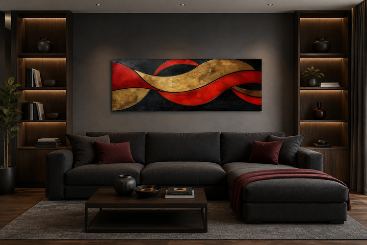 Modern horizontal wall art with black, red, and gold geometric waves above a dark gray sofa.