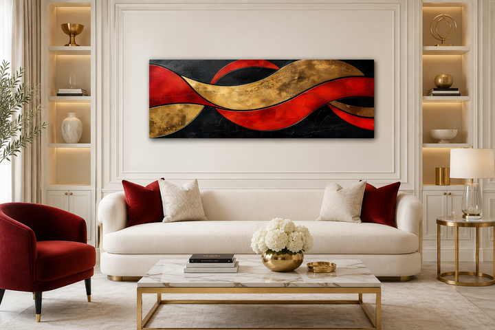 Black, red, and gold geometric modern horizontal wall art displayed above a white sofa.