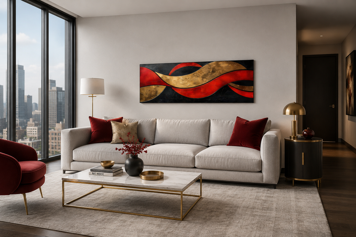 Horizontal wall art featuring a modern geometric pattern in black, red, and metallic gold.