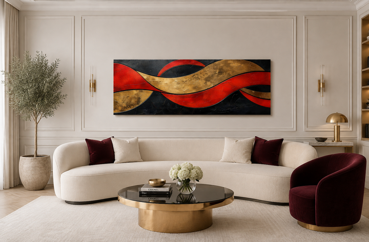 Horizontal abstract canvas with black, red, and gold geometric patterns in a modern frame.