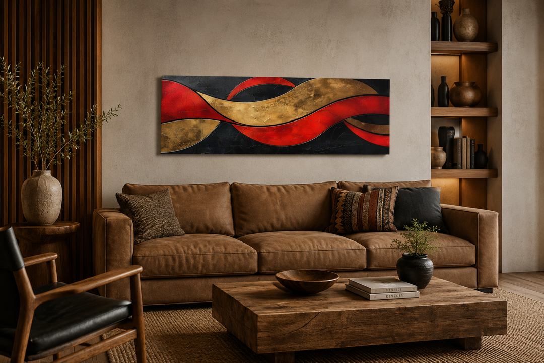 Horizontal canvas with black, red, and gold geometric abstract patterns in a modern interior.