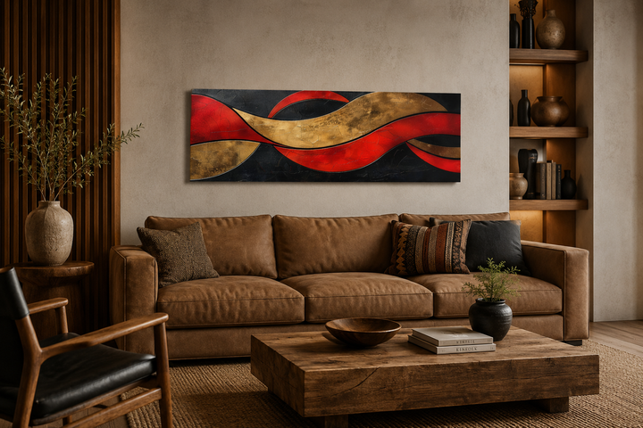 Horizontal canvas with black, red, and gold geometric abstract patterns in a modern interior.