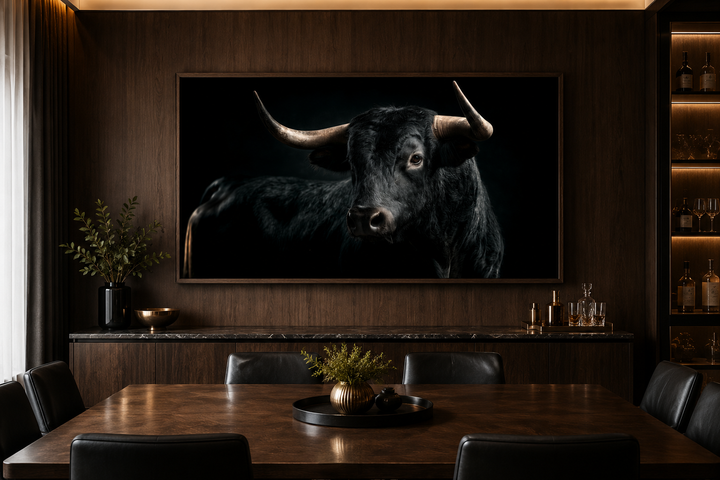 Extra large framed canvas wall art of a black Spanish bull in a dark wood paneled office.