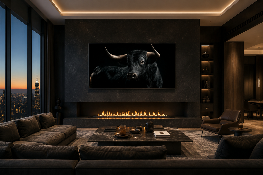 Extra large framed canvas wall art of a black Spanish bull in a modern living room above fireplace.