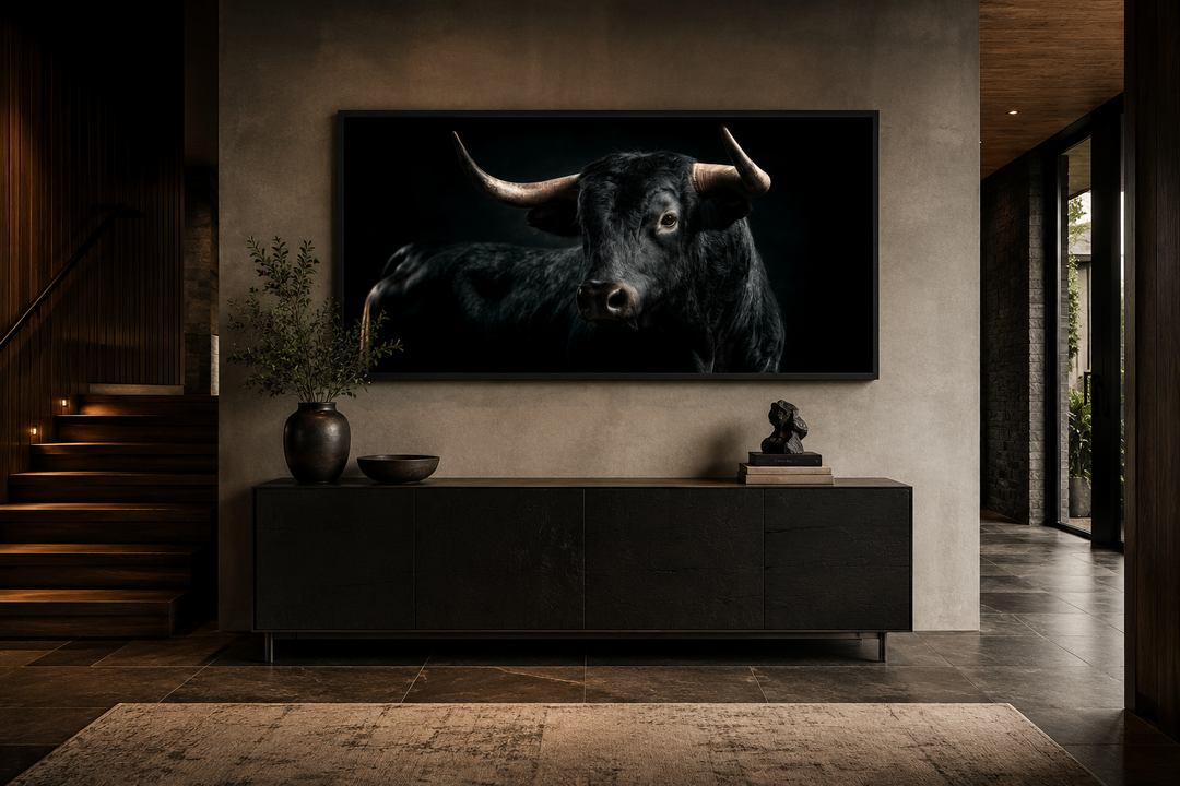 Extra large framed canvas wall art of a black Spanish bull in a modern office or living room.