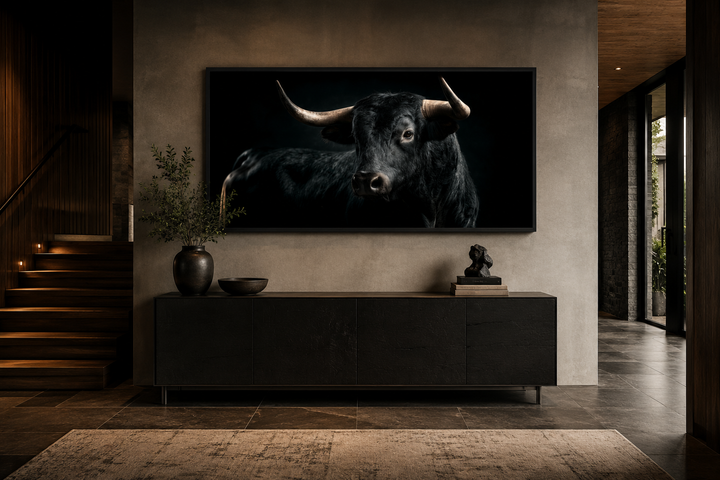 Extra large framed canvas wall art of a black Spanish bull in a modern office or living room.