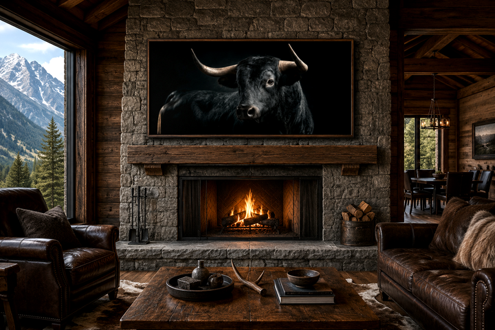 Extra large framed canvas wall art of a black Spanish bull above a stone fireplace in a rustic room.