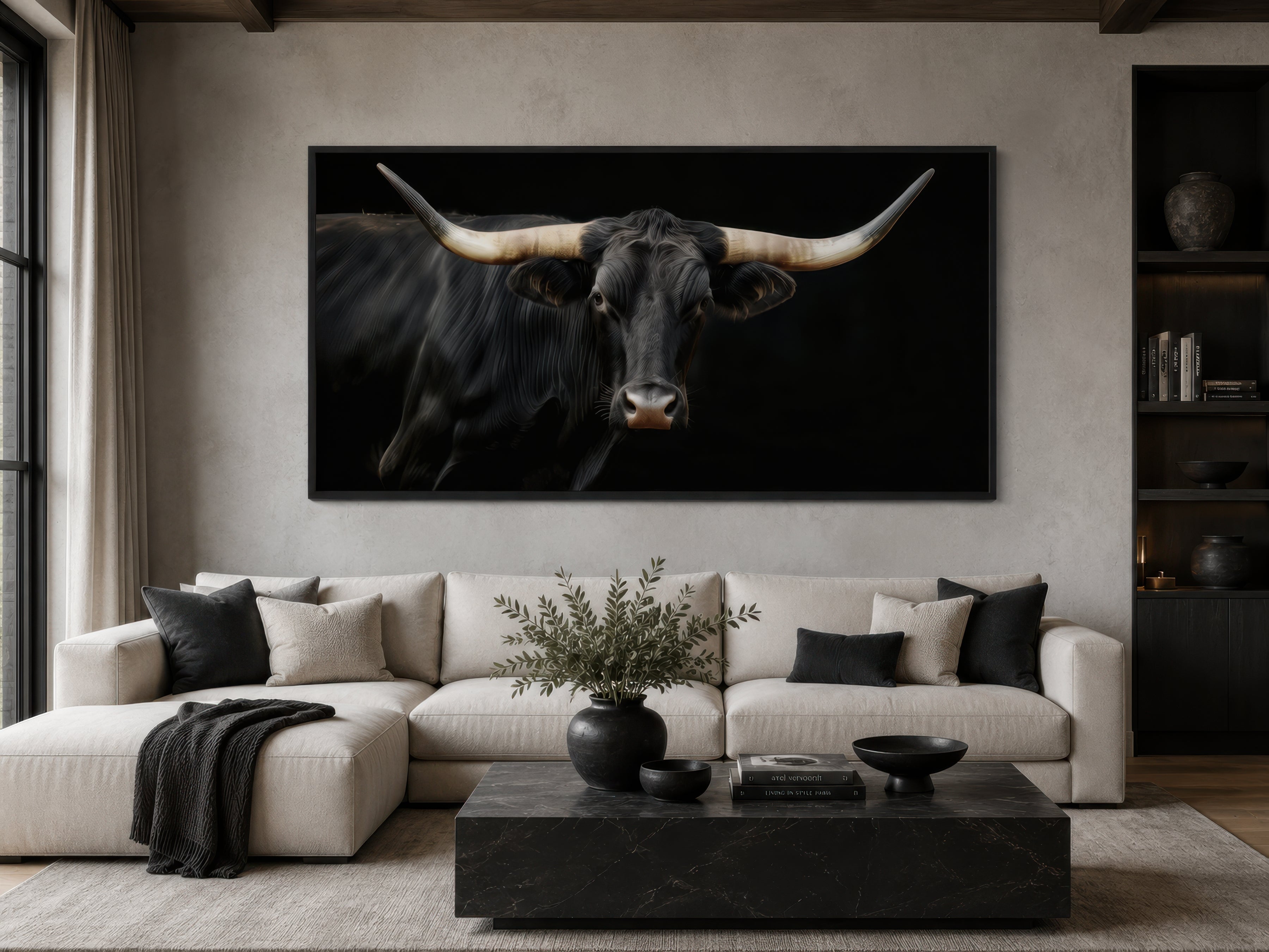 Black Texas Longhorn Wall Art: Extra Large Framed Canvas Print