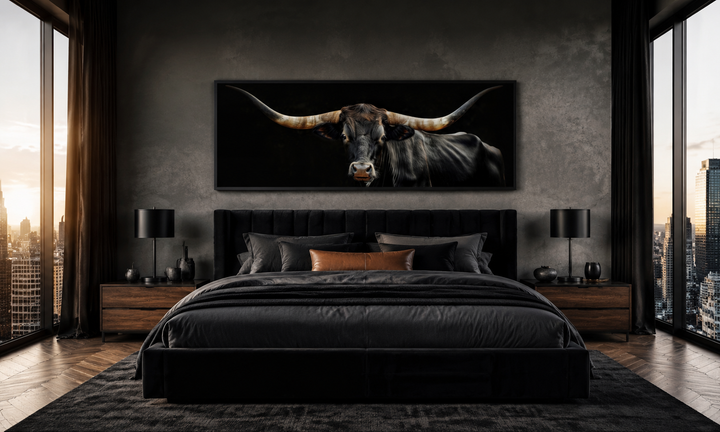 Schwarze Texas Longhorn Kuh lang horizontal gerahmt Leinwand Wandkunst