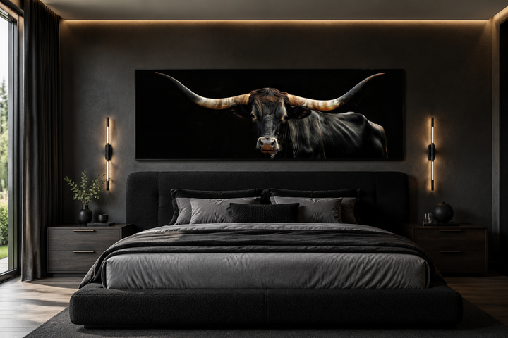 Schwarze Texas Longhorn Kuh lang horizontal gerahmt Leinwand Wandkunst