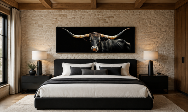 Schwarze Texas Longhorn Kuh lang horizontal gerahmt Leinwand Wandkunst