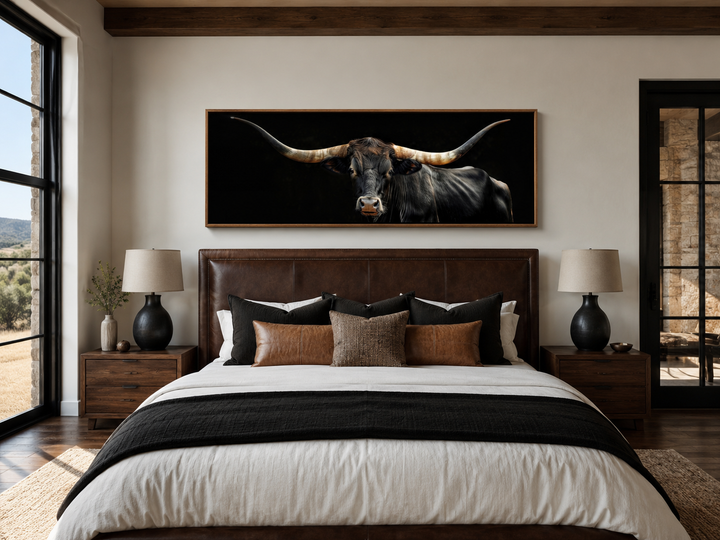 Schwarze Texas Longhorn Kuh lang horizontal gerahmt Leinwand Wandkunst