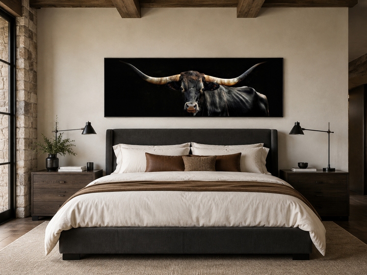 Schwarze Texas Longhorn Kuh lang horizontal gerahmt Leinwand Wandkunst
