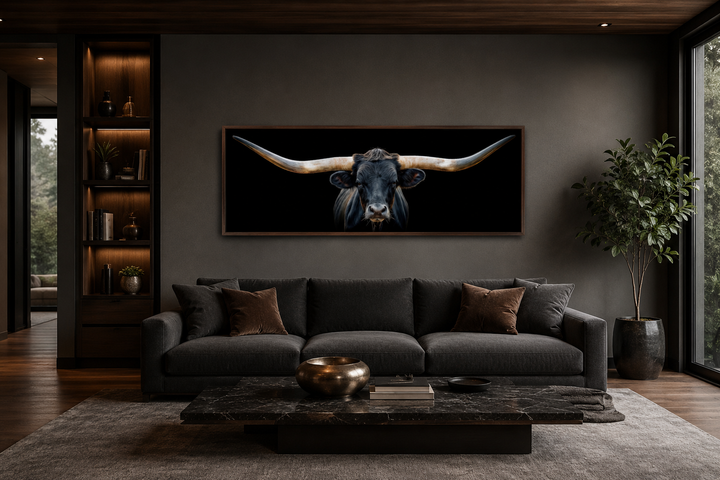 Panoramic framed canvas wall art of a black Texas longhorn steer hanging above a dark grey couch.