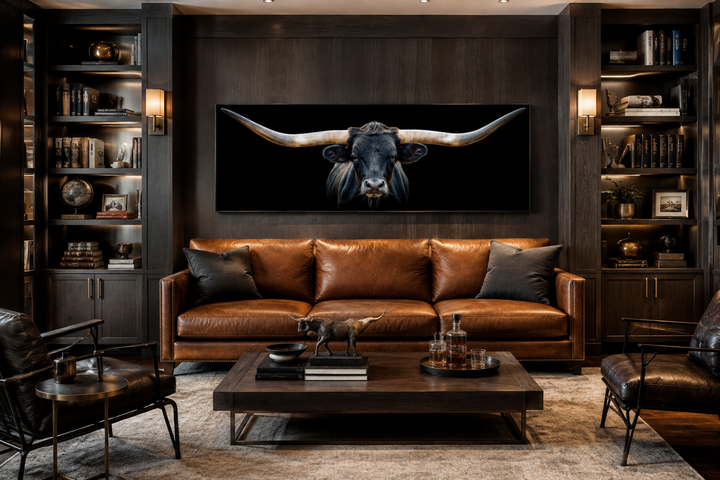 Panoramic framed canvas wall art of a black Texas longhorn steer hanging above a leather couch.