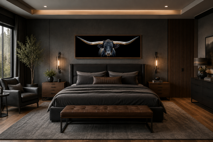 Panoramic framed canvas wall art of a black Texas longhorn steer hanging above a bed.
