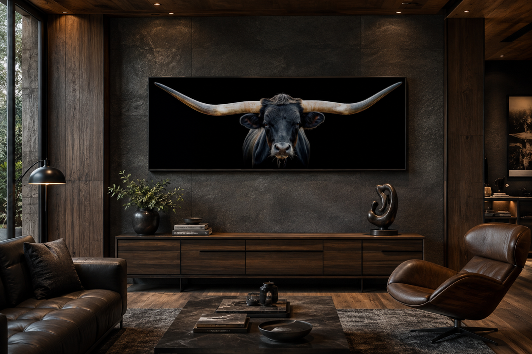 Panoramic framed canvas wall art of a black Texas longhorn steer above a wooden console table.