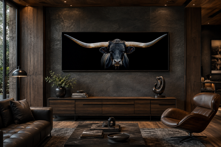Panoramic framed canvas wall art of a black Texas longhorn steer above a wooden console table.