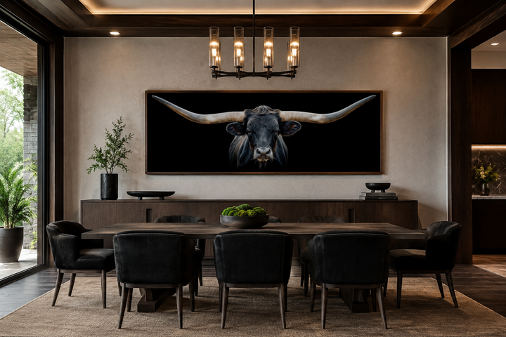 Panoramic framed canvas wall art of a black Texas longhorn steer above a dining room sideboard.