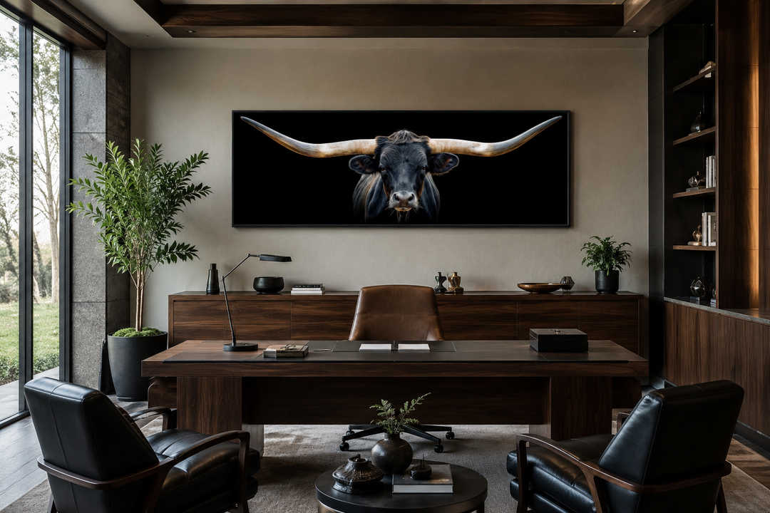 Panoramic framed canvas wall art of a black Texas longhorn steer above a dark wood office desk.