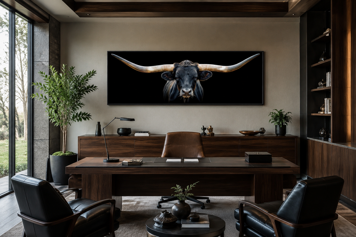 Panoramic framed canvas wall art of a black Texas longhorn steer above a dark wood office desk.