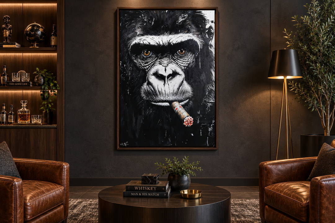 Black and white gorilla smoking a cigar canvas wall art in a dark, modern office setting.