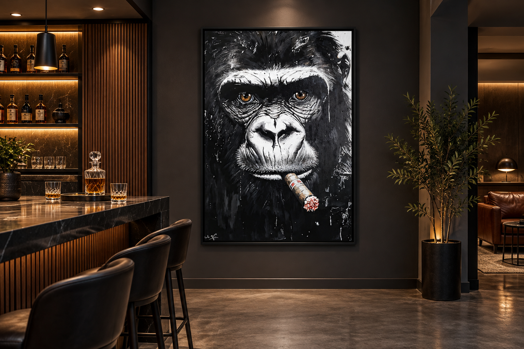 Black and white gorilla smoking a cigar canvas wall art in a modern home bar setting.