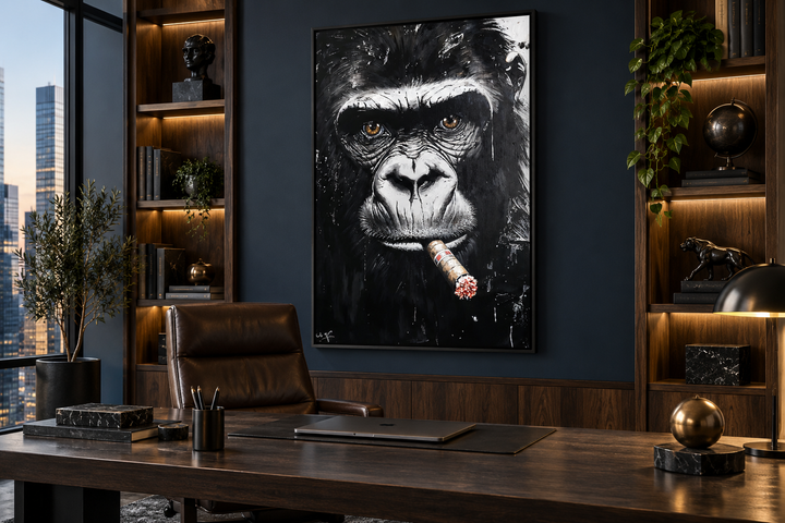 Black and white gorilla smoking a cigar canvas wall art in a dark, modern office setting.
