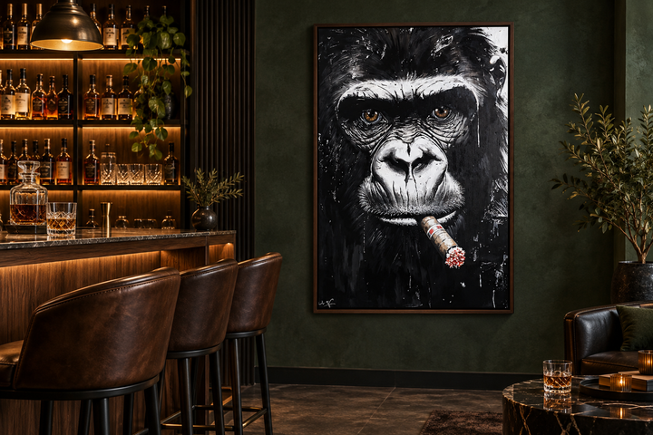 Black and white gorilla smoking a cigar canvas wall art in a dark, modern bar setting.