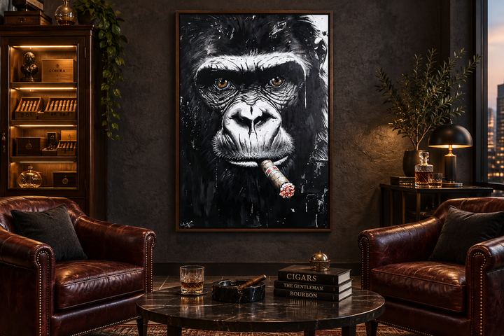 Black and white gorilla smoking a cigar canvas wall art in a masculine office with leather chairs.