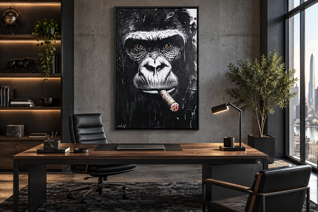 Black and white canvas wall art of a gorilla smoking a cigar in a modern office setting.