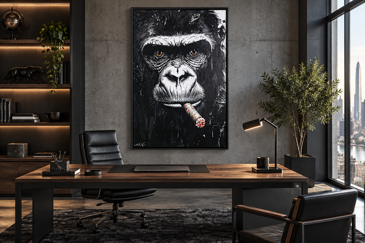 Black and white canvas wall art of a gorilla smoking a cigar in a modern office setting.