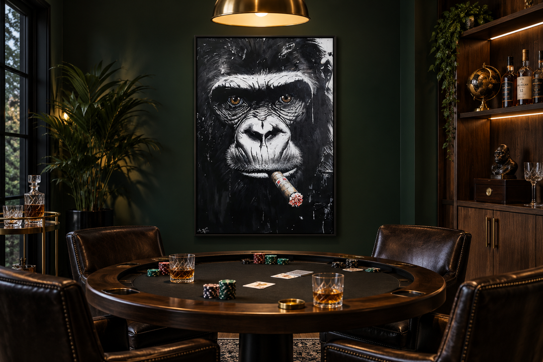 Black and white gorilla smoking a cigar canvas wall art in a dark green office with a poker table.