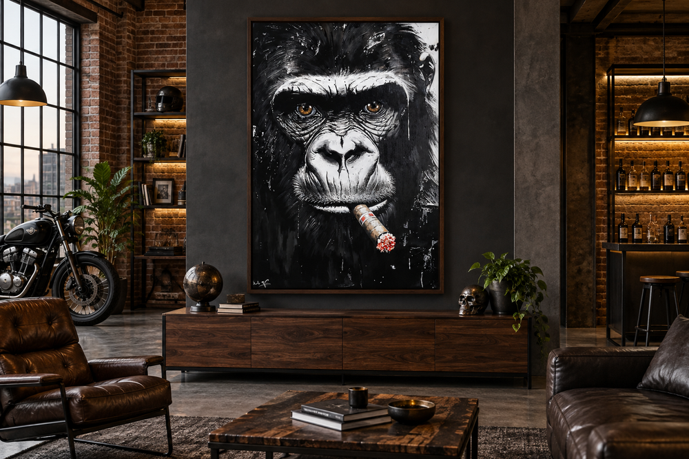 Black and white gorilla smoking a cigar canvas wall art in a modern industrial office setting.
