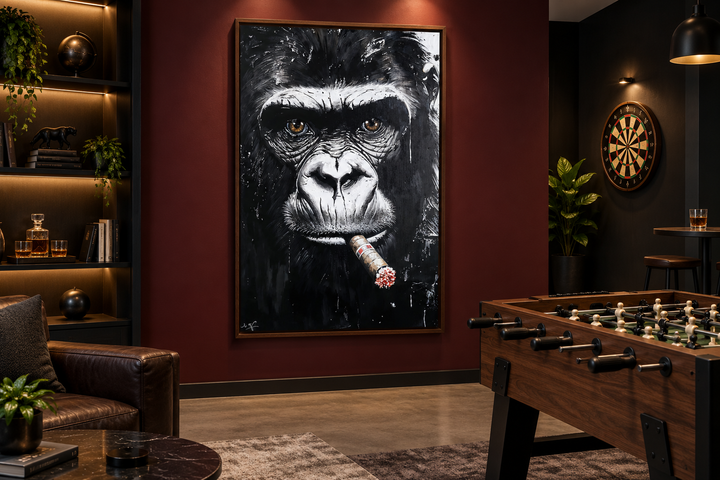 Black and white gorilla smoking a cigar canvas wall art in a dark, modern lounge setting.