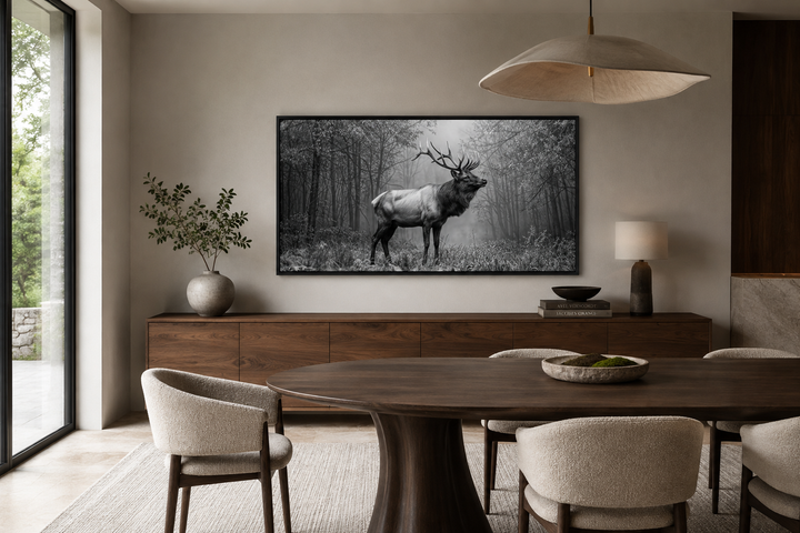Elk stag in the forest black and white photography framed canvas wall art in a modern dining room.